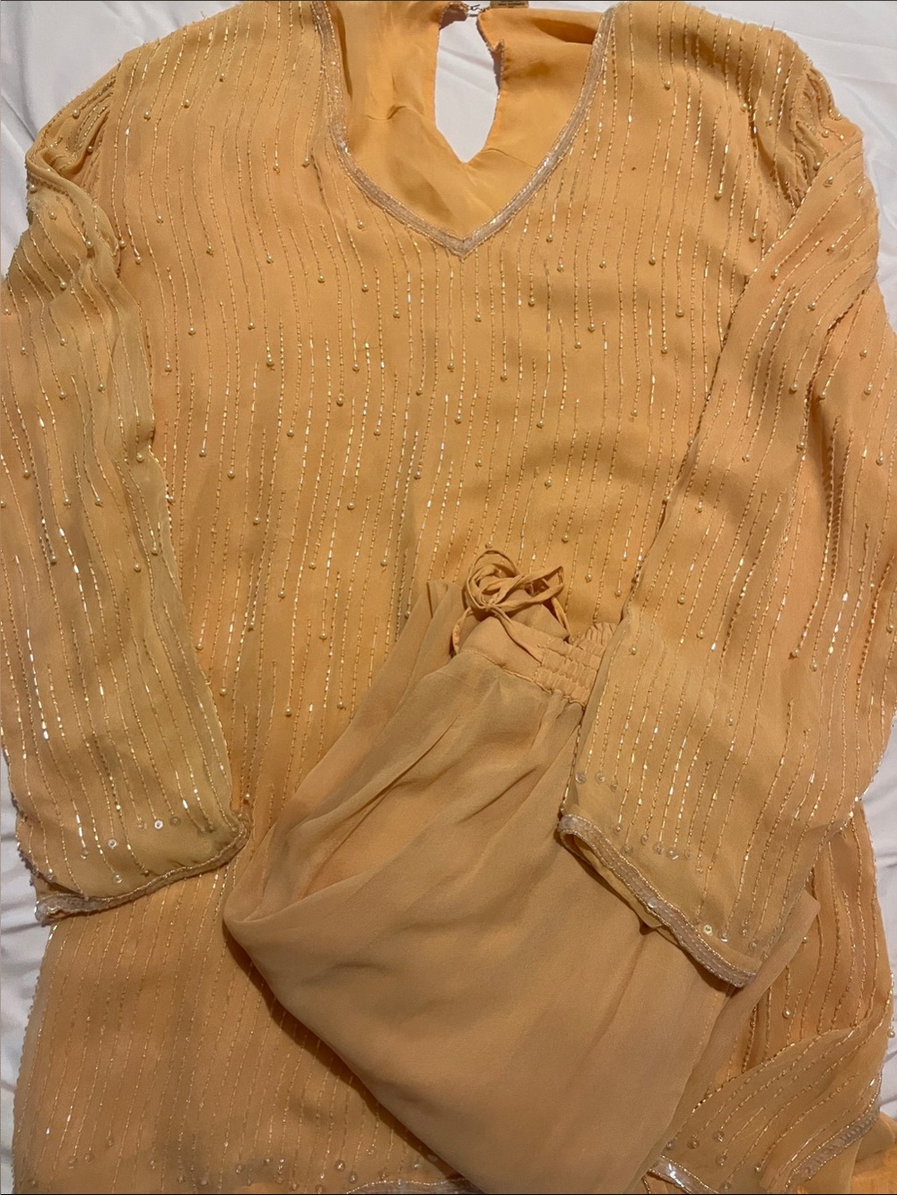 Rare 2pc 100% Silk BEADED set Harrison Morgan 1X Peach Bugle Beads/faux pearls